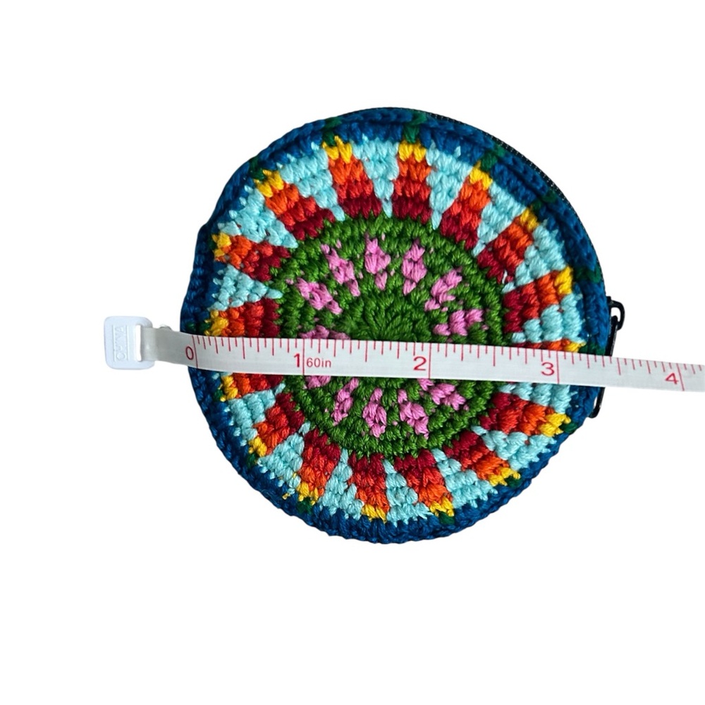 Hand Crafted Crocheted Colorful Round Sunburst Design Zipper Change Pouch Purse - Picture 6 of 9